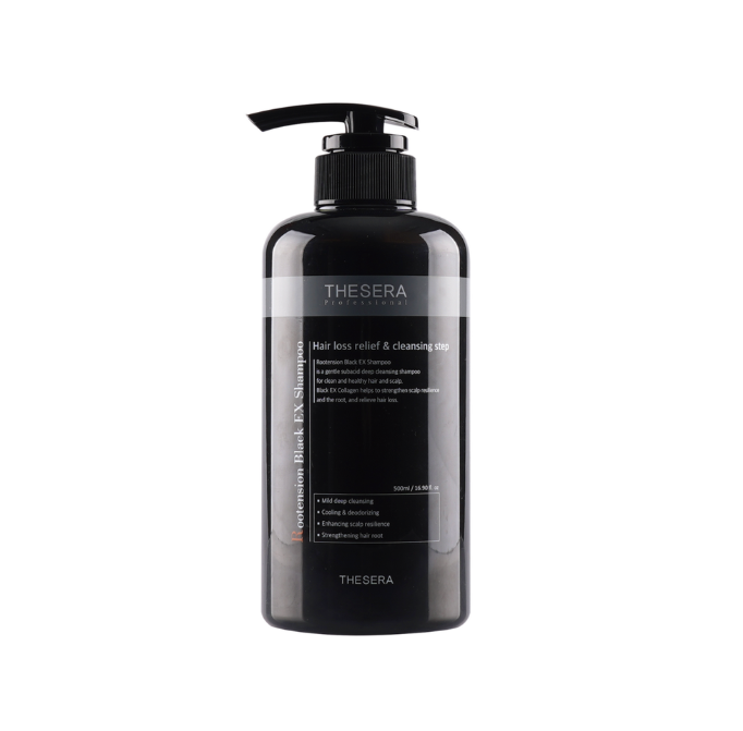 THESERA ROOTENSION BLACK EX SHAMPOO I Spēcīgas iedarbības šampūns pret matu izkrišanu, 500 ml